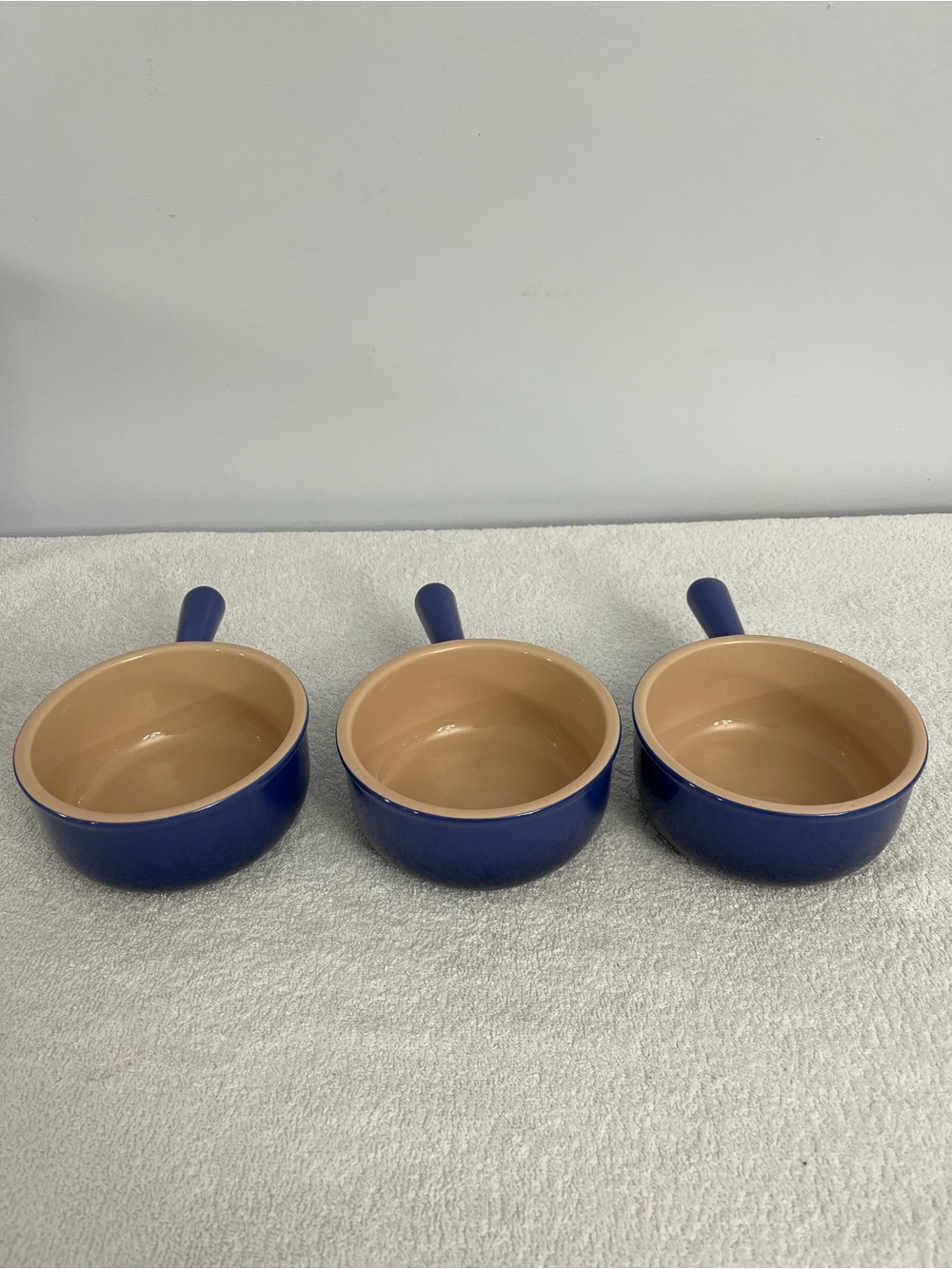 Set Of 3 LE CREUSET 5" Cobalt Stoneware French Onion Soup Bowl Handle 16 oz Blue